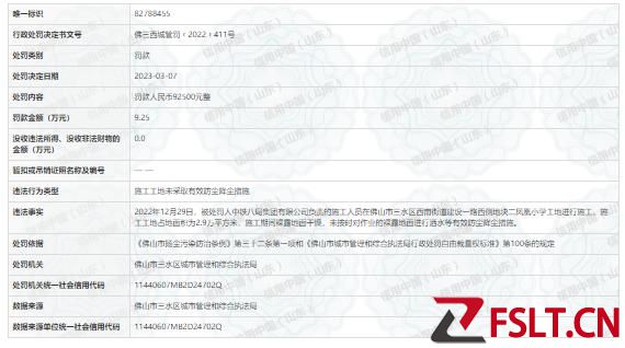 中铁八局集团有限公司因违反佛山市扬尘污染防治条例被罚